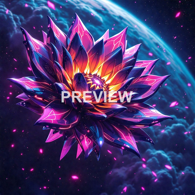 A vibrant, glowing, futuristic flower with metallic petals floating in space, illuminated by neon lights against a starry background.